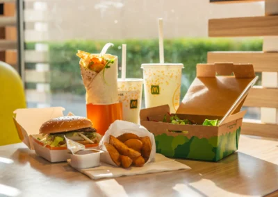 Big Mac hamburger, fried potatoes and cold drinks on table in McDonald's cafe