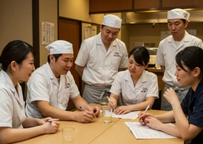 Restaurant kitchen staff in white uniforms and caps holding a meeting around a wooden table